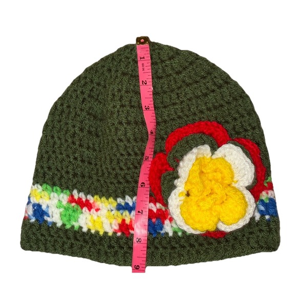 Beanie Hat‎ Women's OS Green White Crochet Handmade Flower NEW - Picture 3 of 4